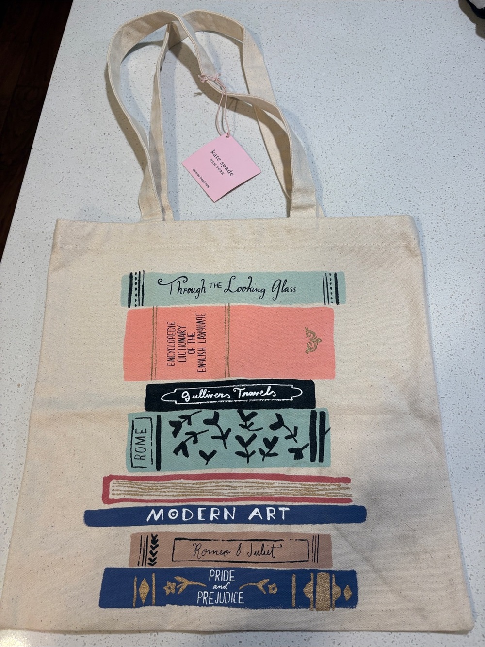 kate spade Canvas Tote with Coral, Teal & Navy Book Stack